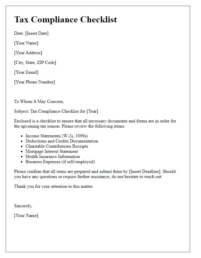 Letter template of Tax Compliance Checklist