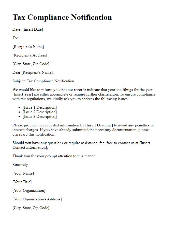 Letter template of Tax Compliance Notification