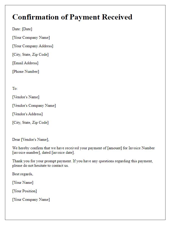 Letter template of Confirmation of Payment Received for Vendor