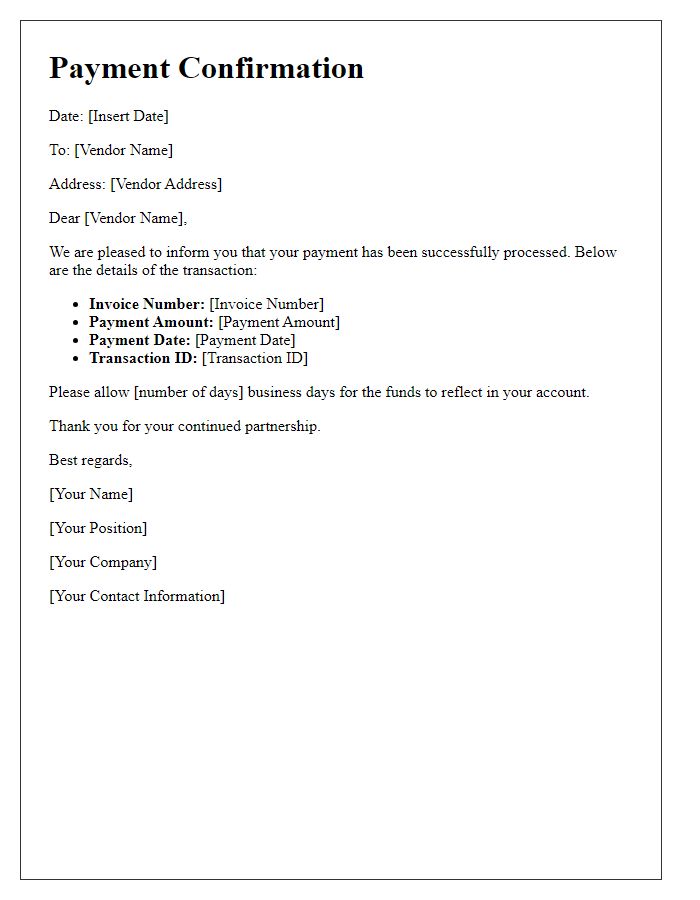 Letter template of Confirmation for Vendor Payment Processed