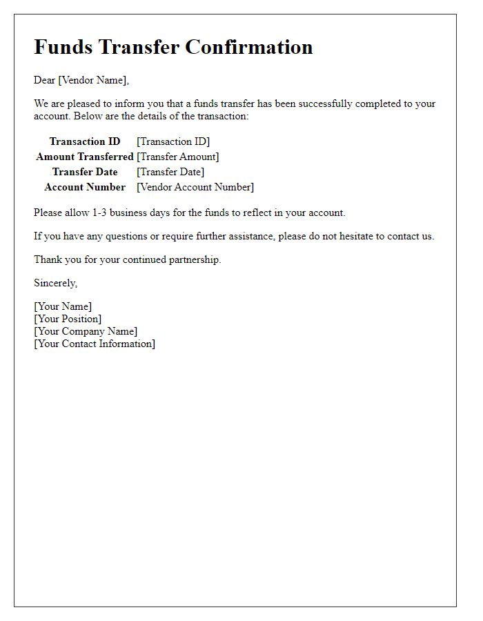 Letter template of Funds Transfer Confirmation to Vendor
