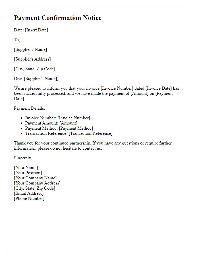 Letter template of Payment Confirmation Notice to Supplier