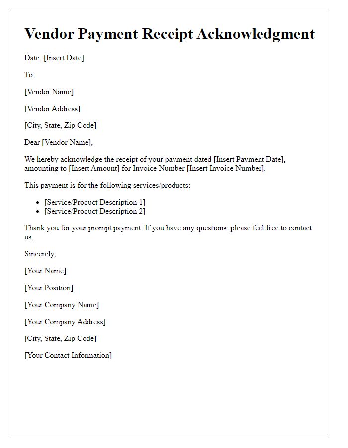 Letter template of Vendor Payment Receipt Acknowledgment