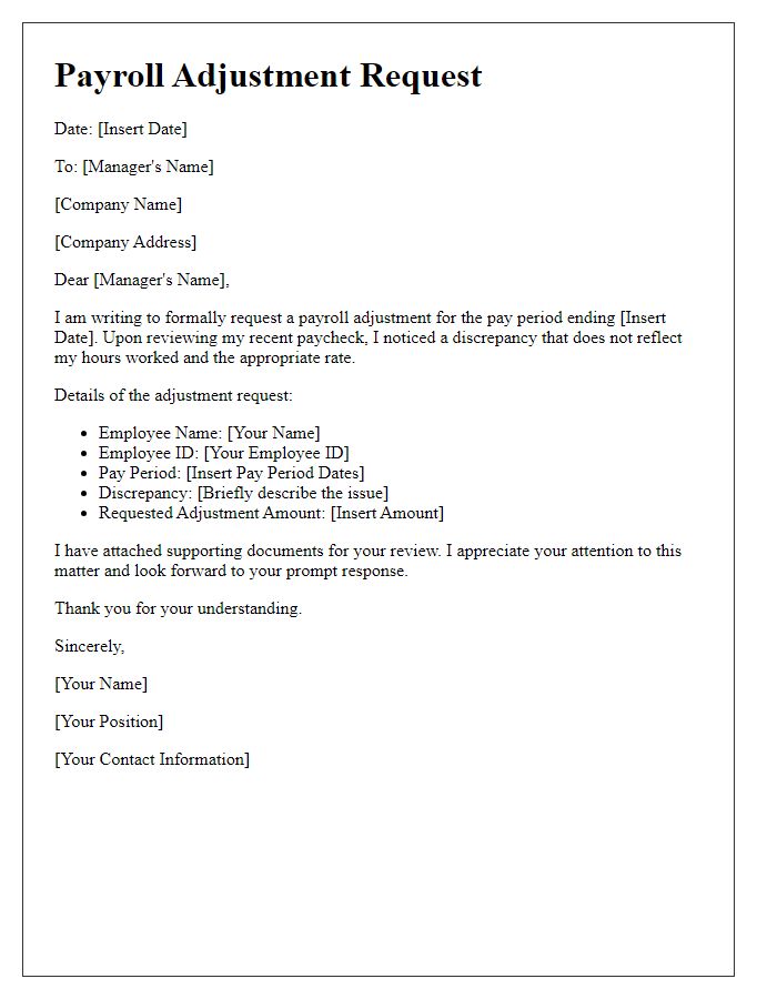 Letter template of payroll adjustment request