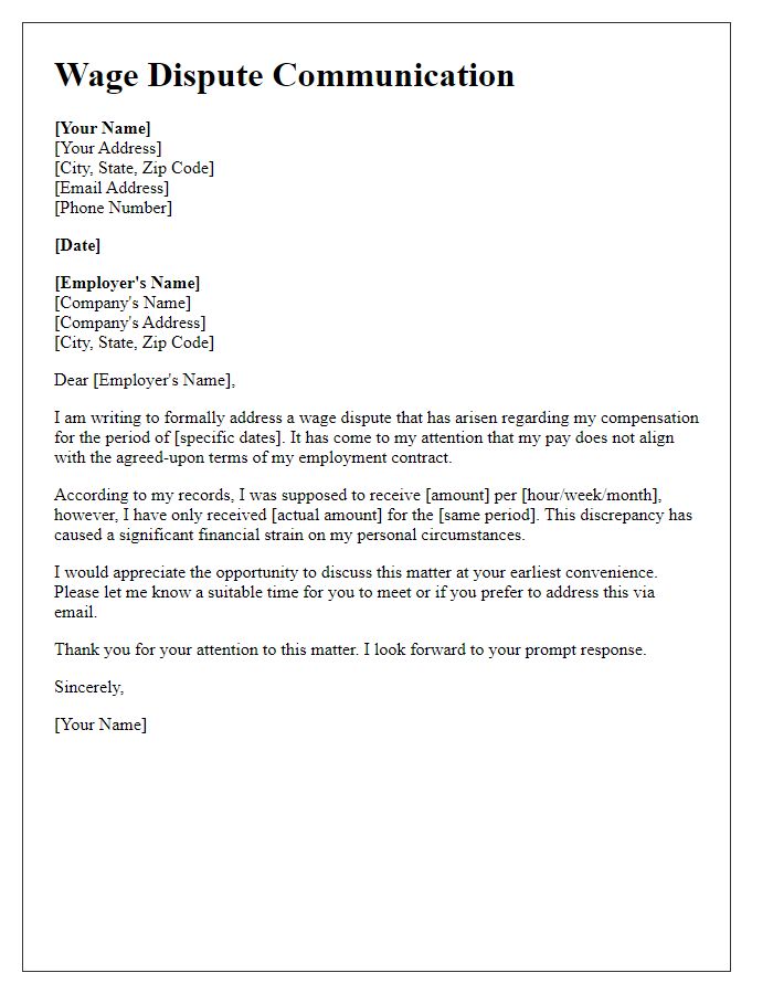 Letter template of wage dispute communication