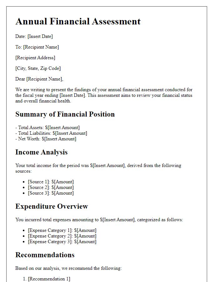 Letter template of annual financial assessment