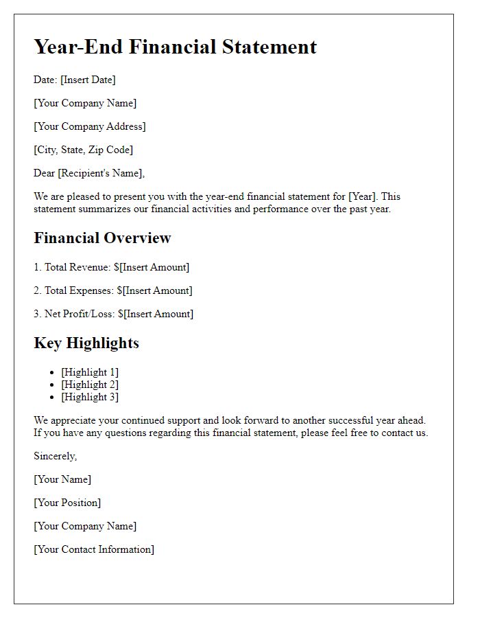 Letter template of year-end financial statement