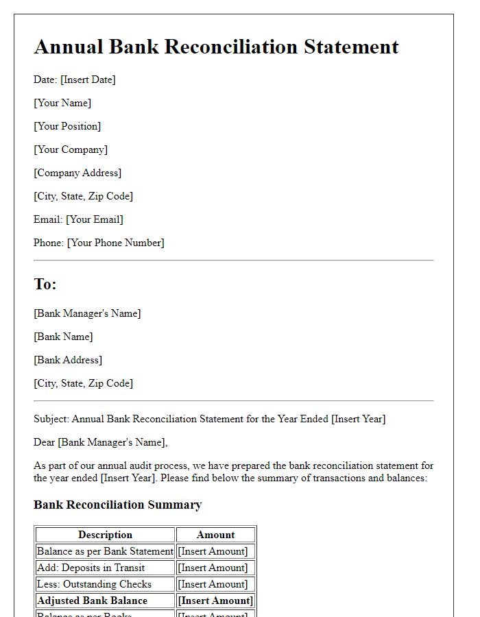 Letter template of Annual Bank Reconciliation Statement