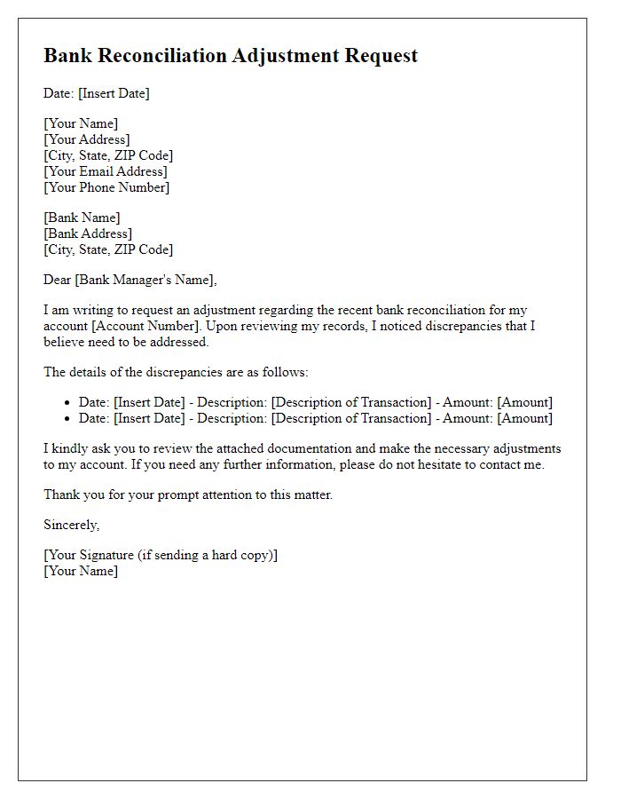 Letter template of Bank Reconciliation Adjustment Request