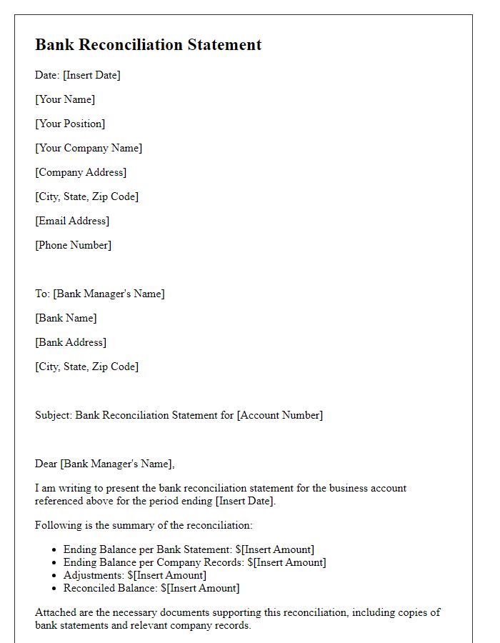 Letter template of Bank Reconciliation for Business Accounts