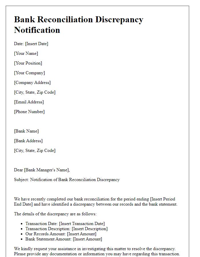 Letter template of Bank Reconciliation Discrepancy Notification