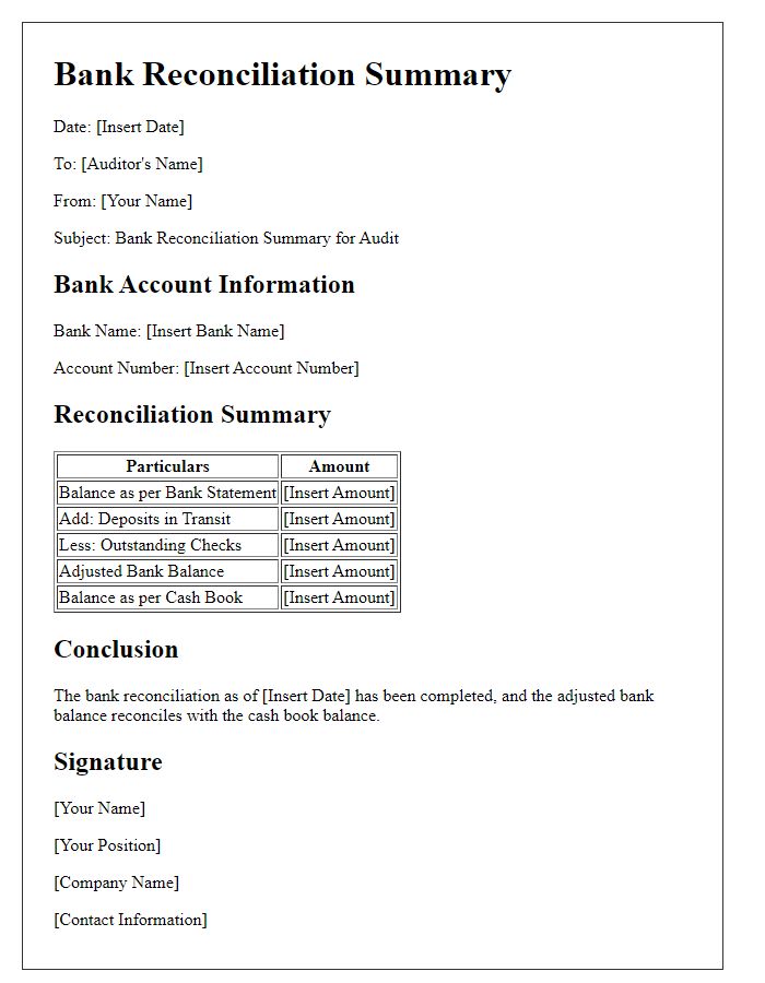 Letter template of Bank Reconciliation Summary for Audit