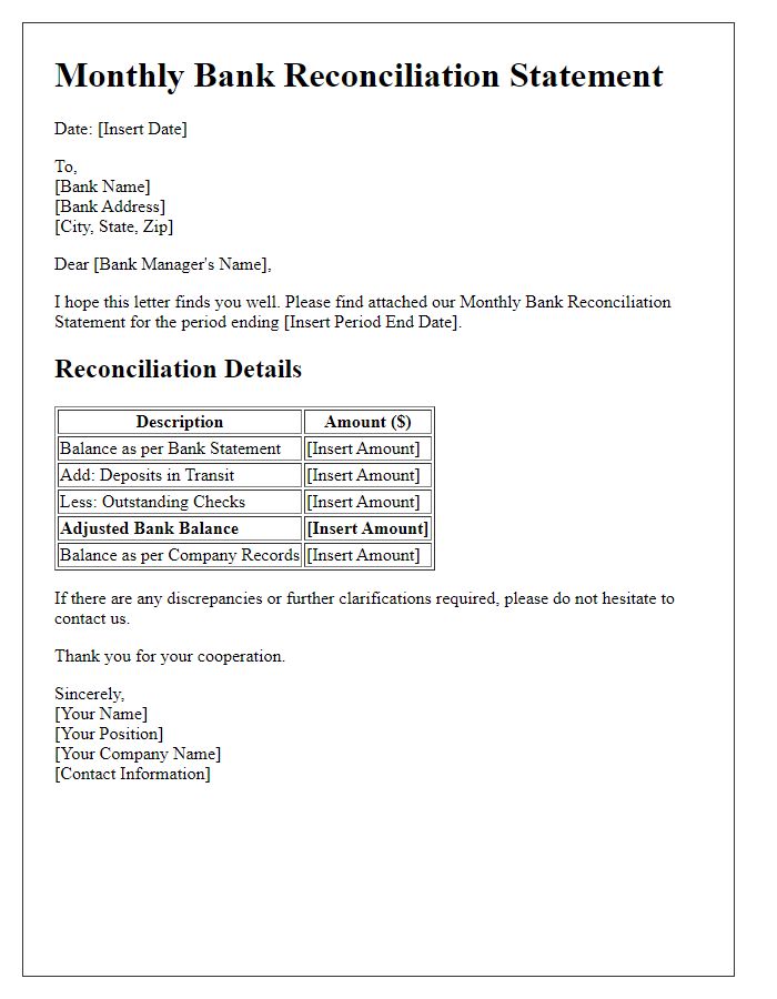 Letter template of Monthly Bank Reconciliation Statement