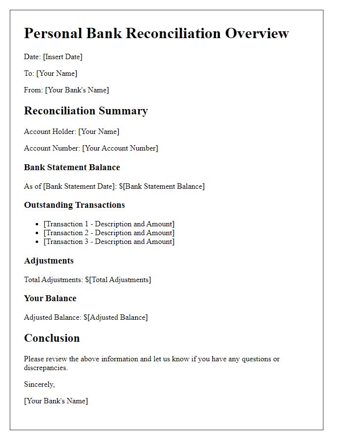 Letter template of Personal Bank Reconciliation Overview