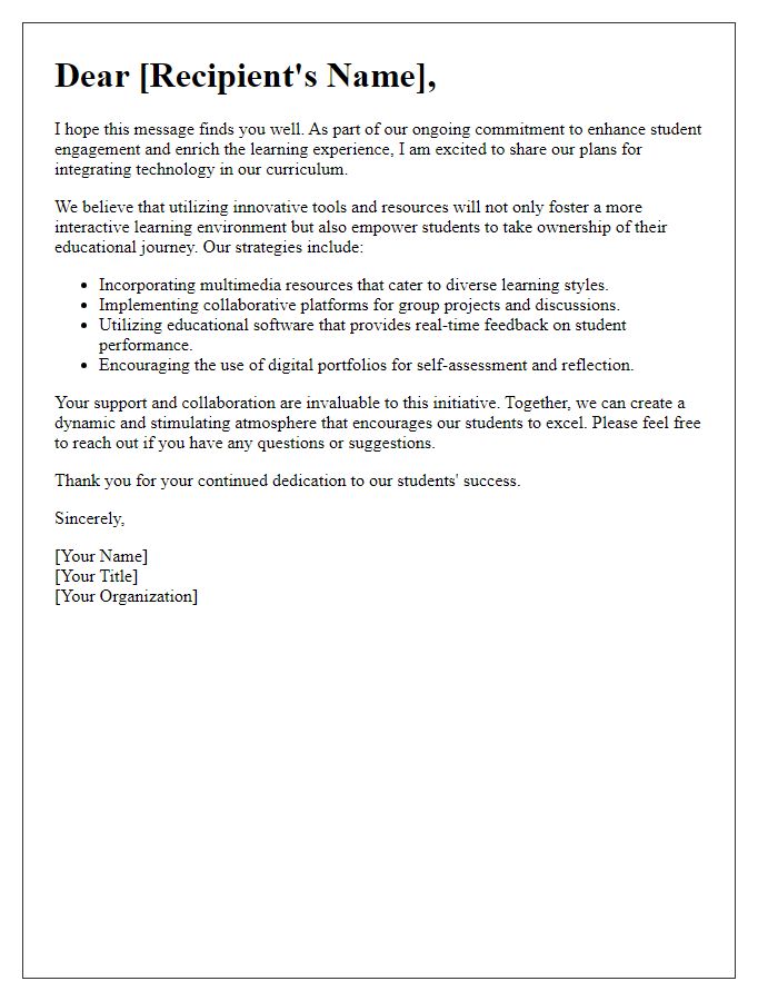 Letter template of technology integration for enhanced student engagement