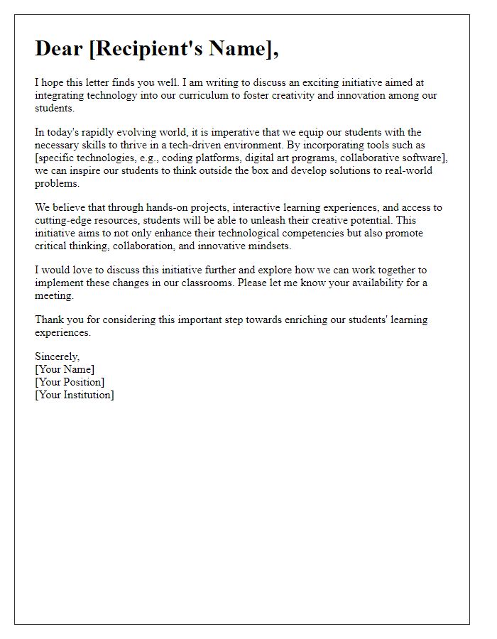 Letter template of technology integration to foster creativity and innovation in students