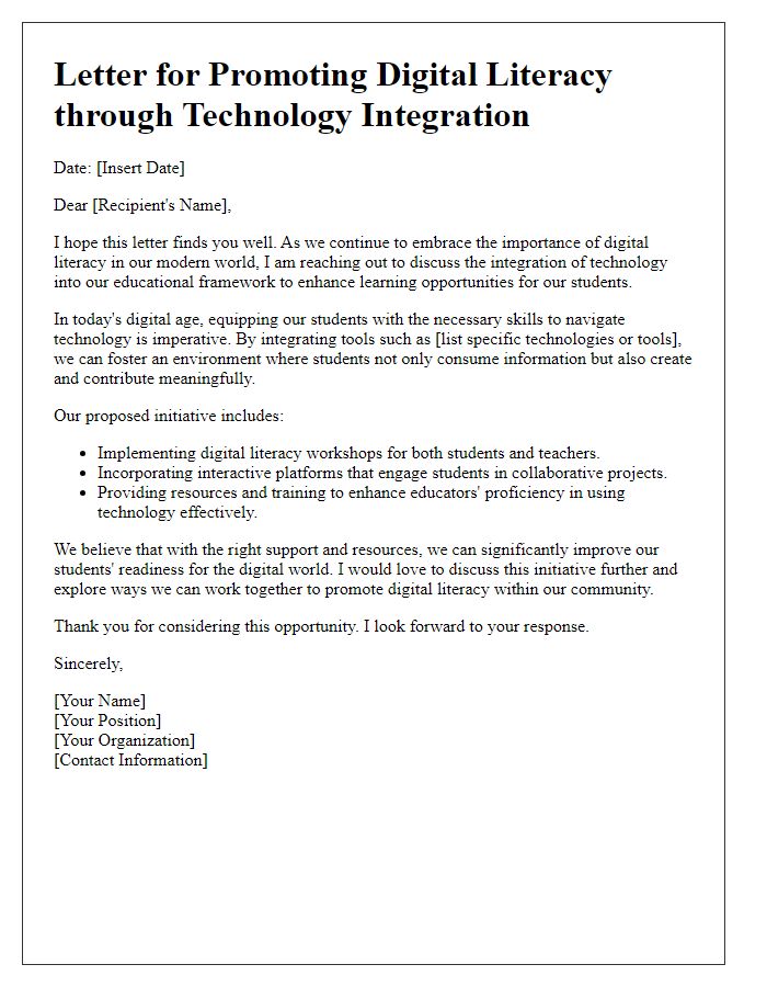 Letter template of technology integration for promoting digital literacy