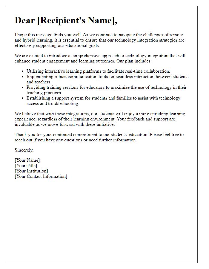 Letter template of technology integration for remote and hybrid learning