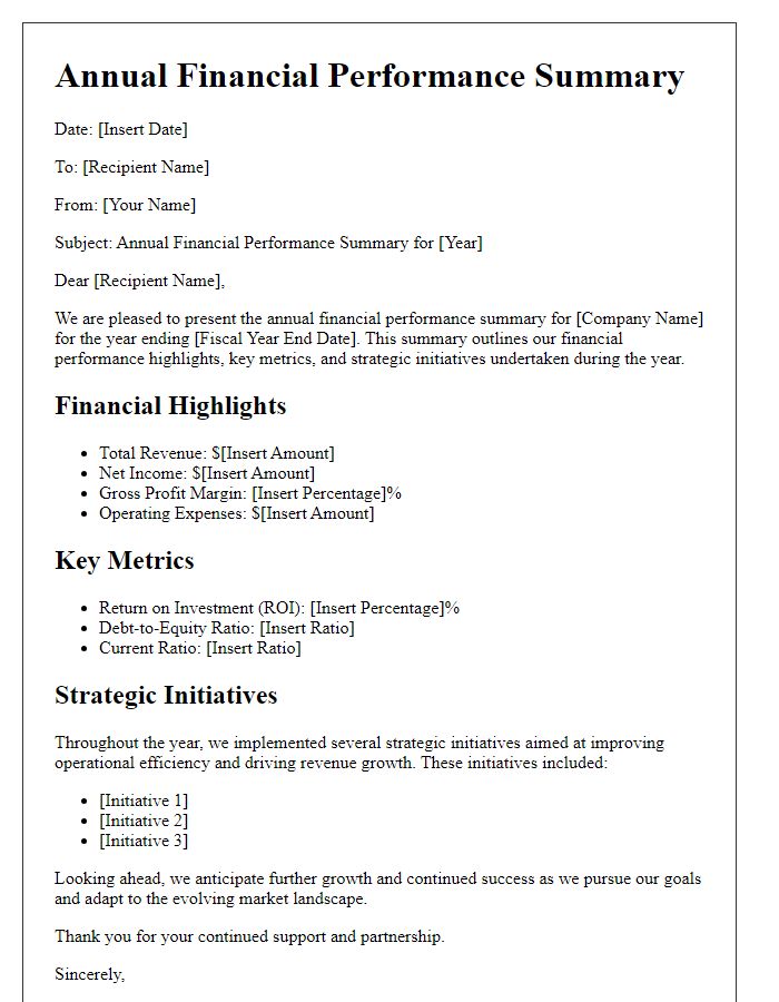 Letter template of annual financial performance summary