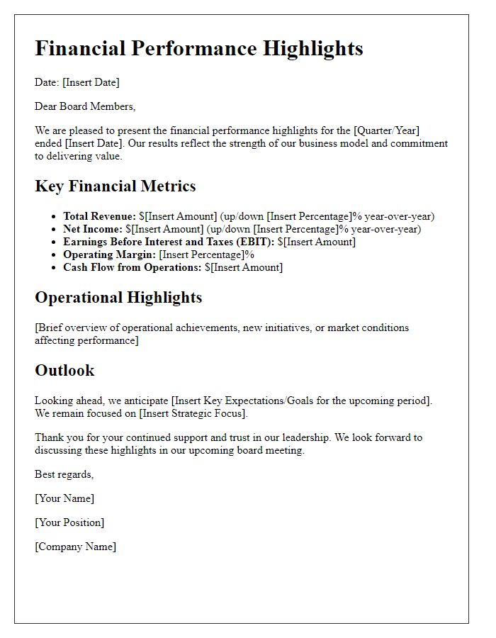 Letter template of financial performance highlights for board members