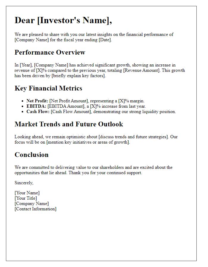 Letter template of financial performance insights for investors