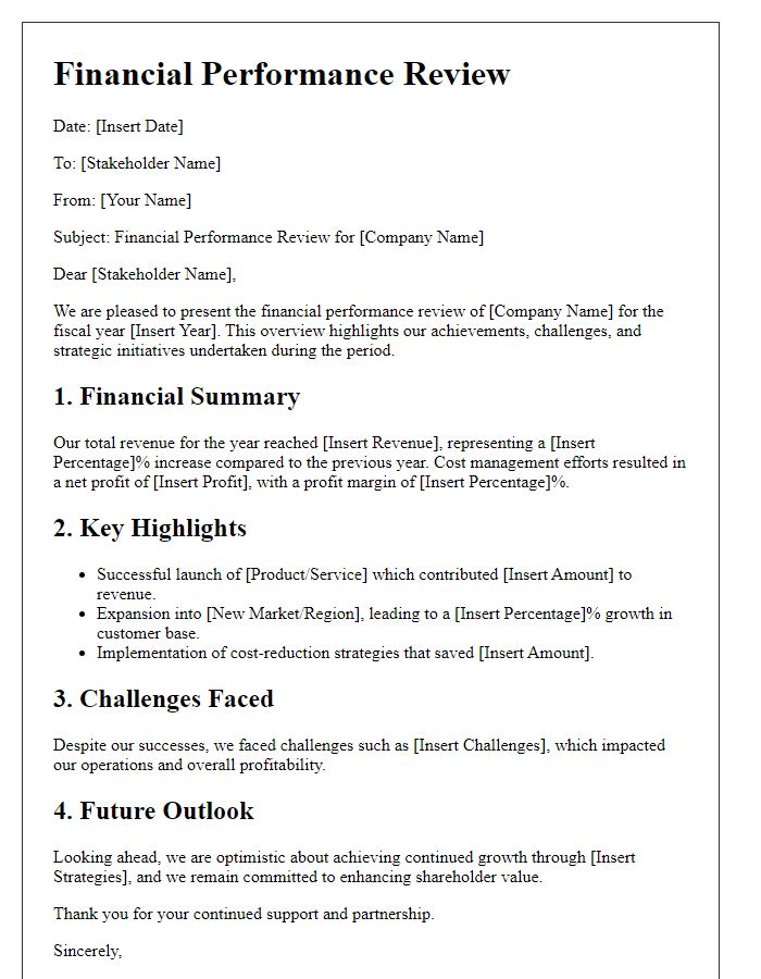 Letter template of financial performance review for stakeholders