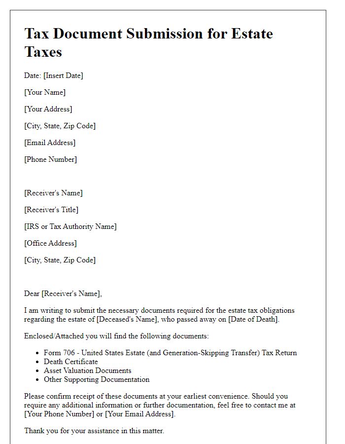 Letter template of tax document submission for estate taxes