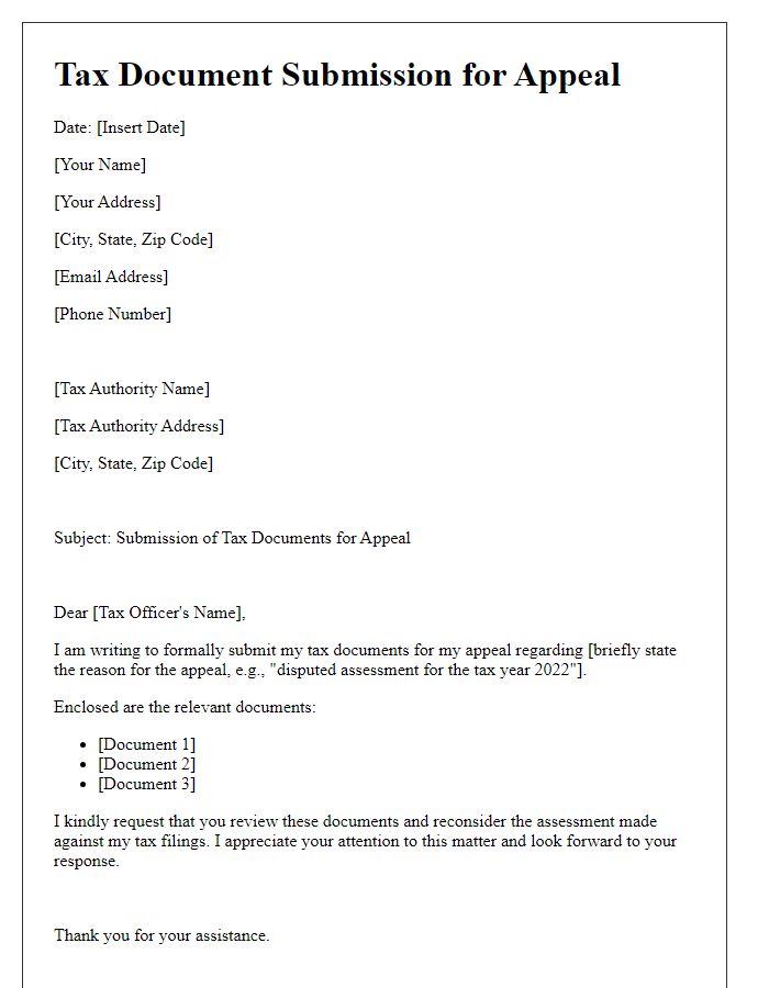 Letter template of tax document submission for tax appeals