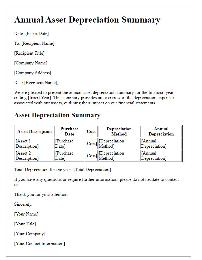 Letter template of annual asset depreciation summary