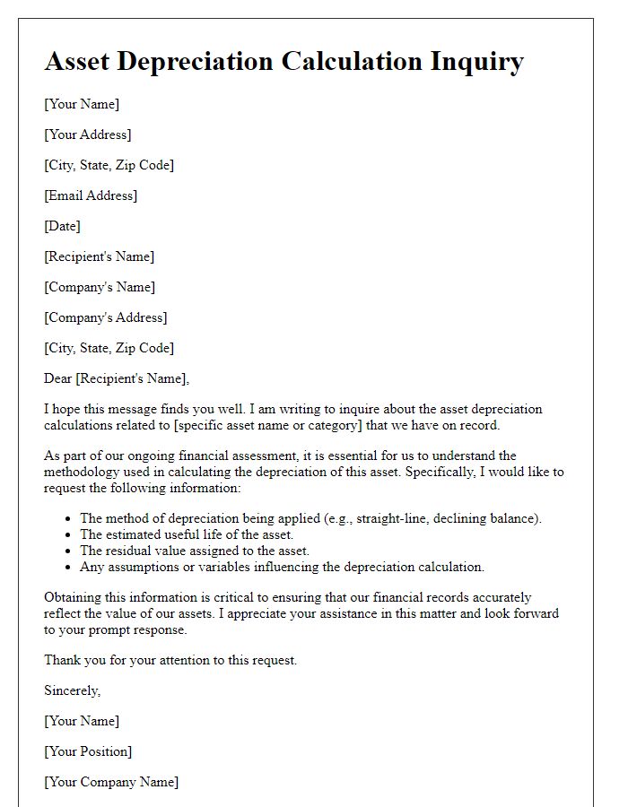 Letter template of asset depreciation calculation inquiry