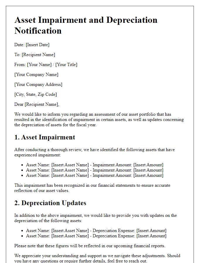 Letter template of asset impairment and depreciation notification