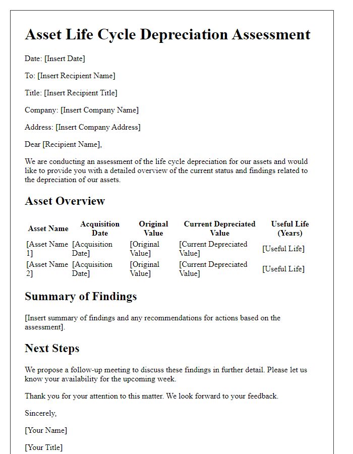 Letter template of asset life cycle depreciation assessment