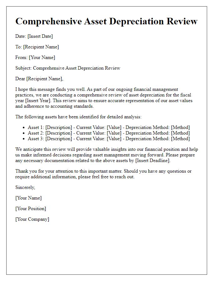 Letter template of comprehensive asset depreciation review