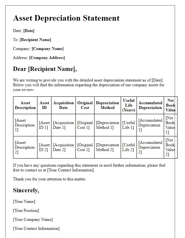 Letter template of detailed asset depreciation statement