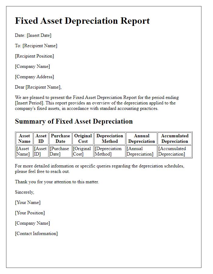 Letter template of fixed asset depreciation report