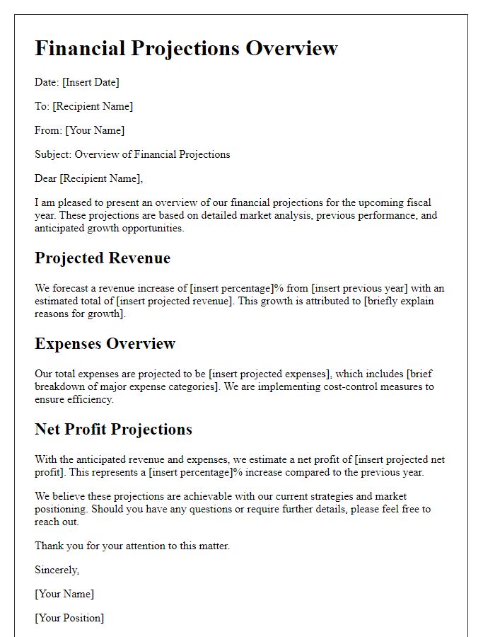 Letter template of financial projections overview