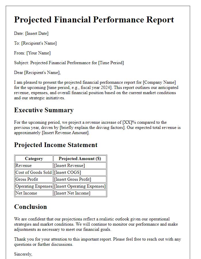 Letter template of projected financial performance report