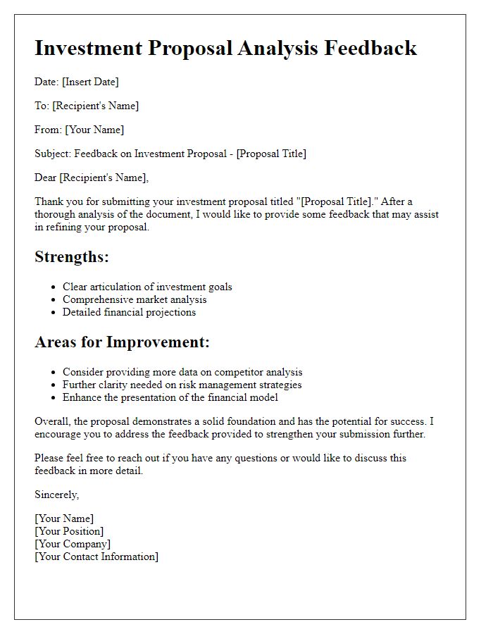 Letter template of investment proposal analysis feedback