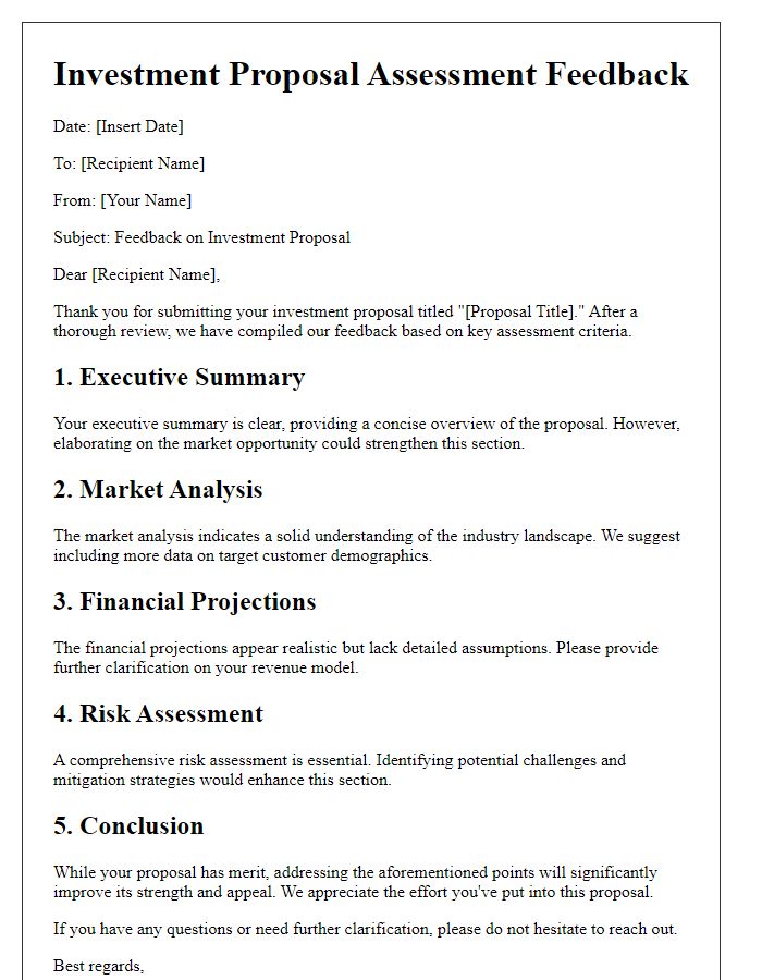 Letter template of investment proposal assessment feedback