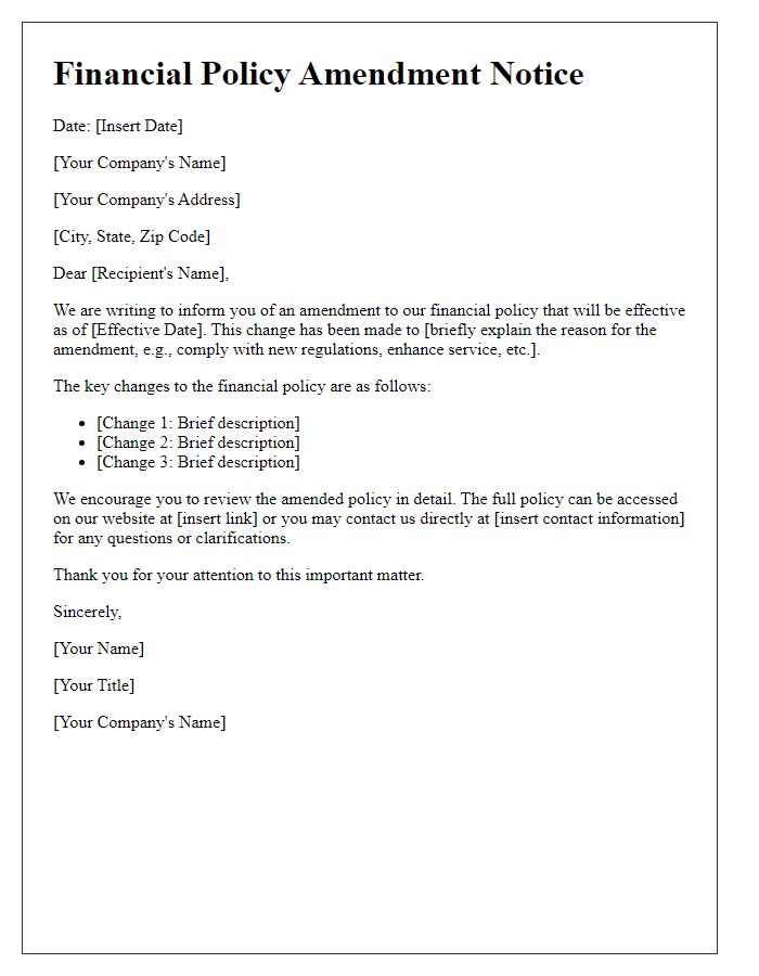 Letter template of financial policy amendment notice