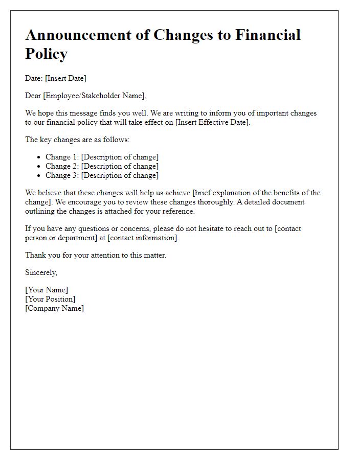 Letter template of financial policy change announcement