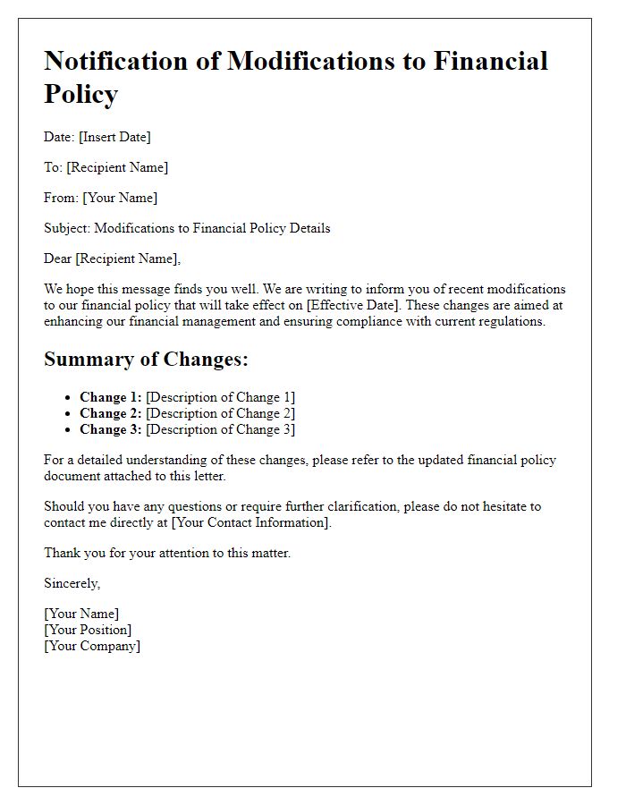 Letter template of modifications to financial policy details