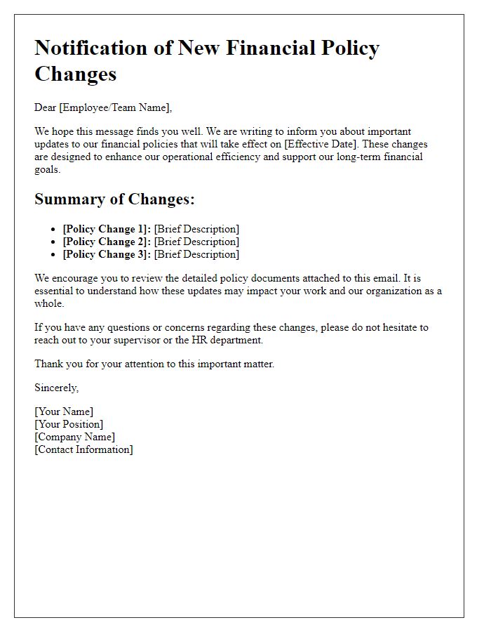 Letter template of notification of new financial policy changes