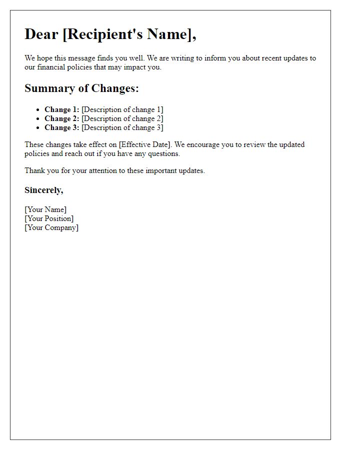 Letter template of updates on financial policy changes