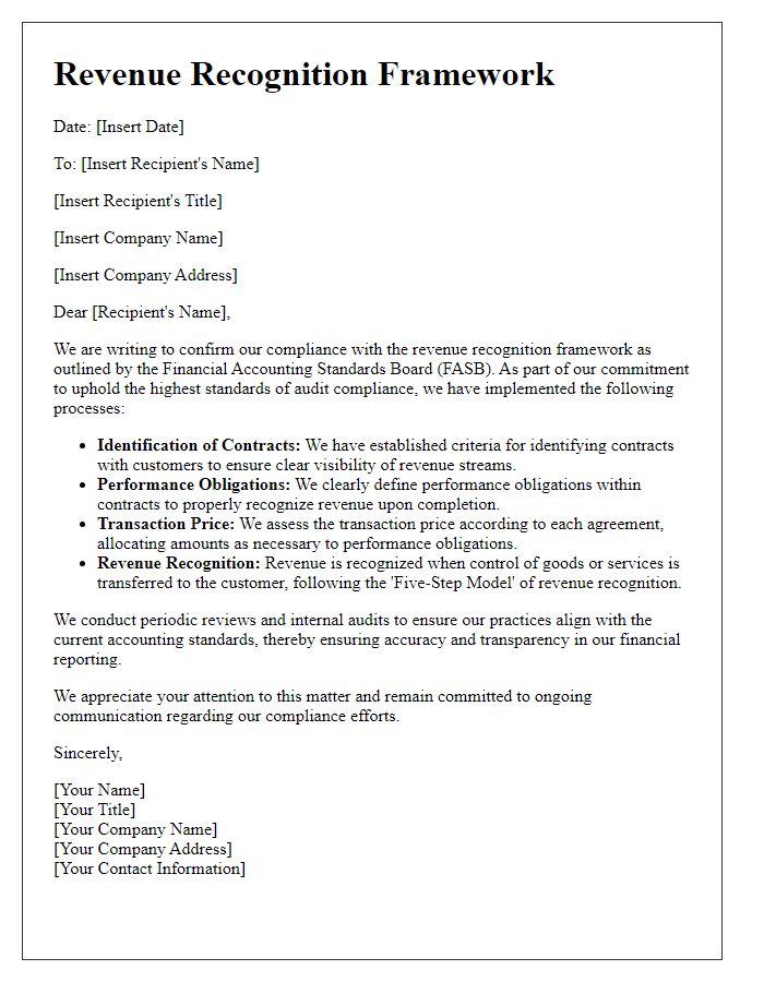 Letter template of revenue recognition framework for audit compliance.