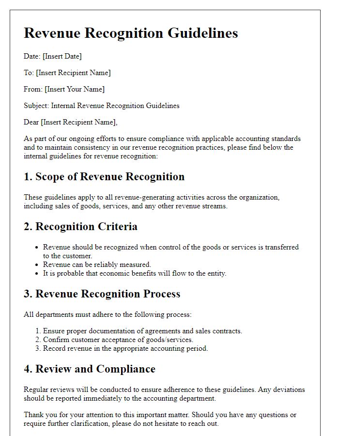 Letter template of revenue recognition guidelines for internal use.