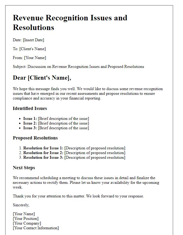 Letter template of revenue recognition issues and resolutions for client discussions.