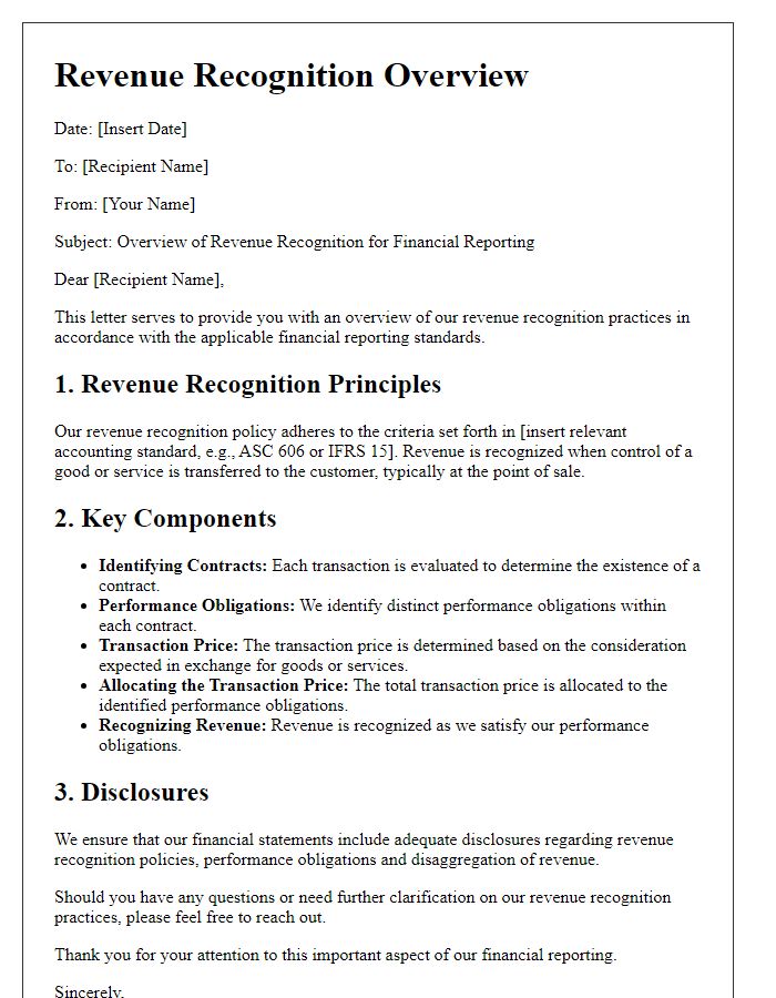 Letter template of revenue recognition overview for financial reporting.