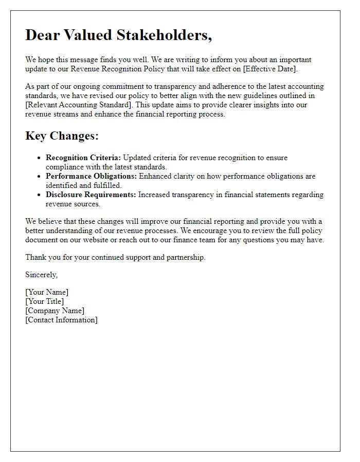 Letter template of revenue recognition policy update for stakeholders.