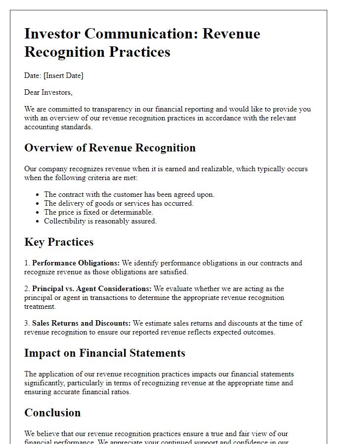 Letter template of revenue recognition practices for investor communication.